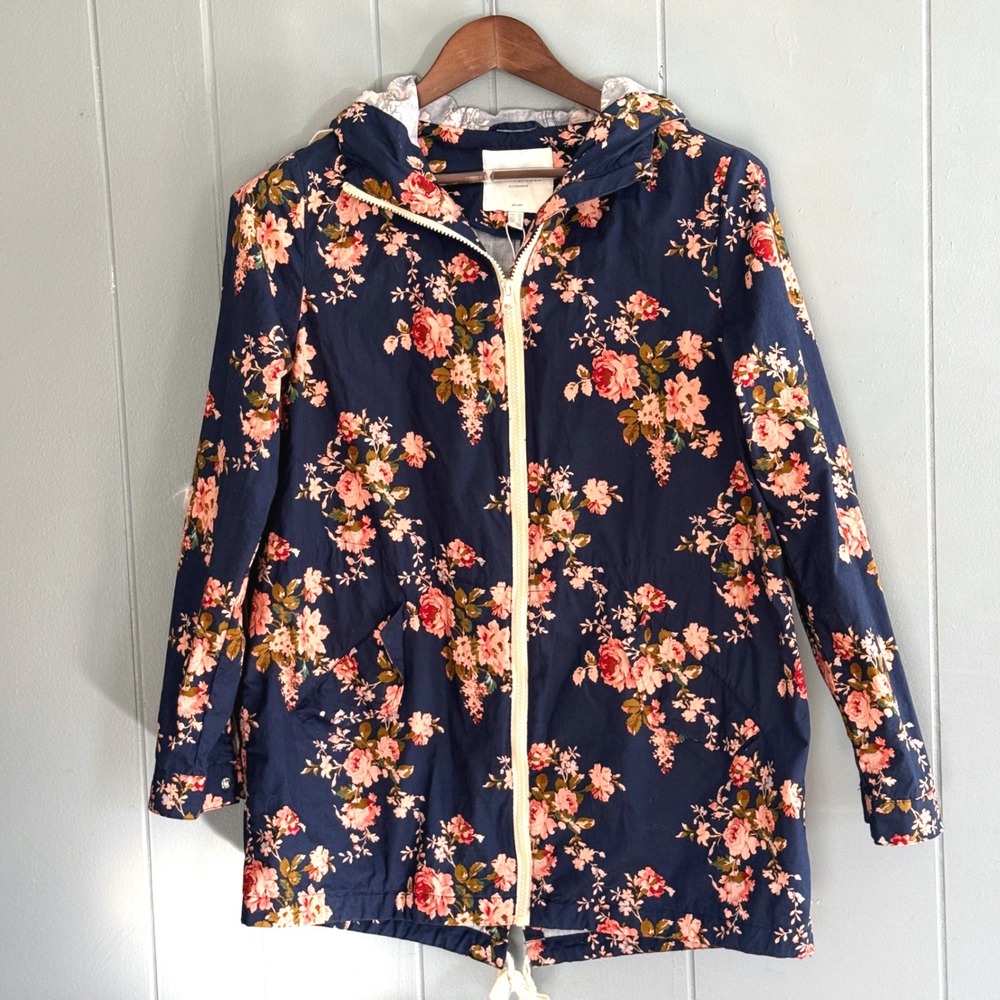 Floral Hooded Jacket Cotton‎ Spring Windbreaker S Navy Lightweight Shabby Chic